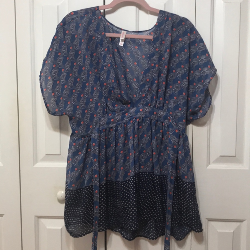 Blue Patterned Sheer Flowy Top - image 1